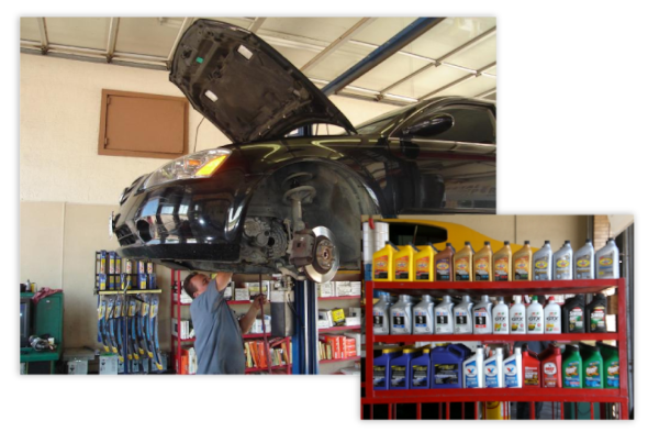 Person working on a car and a line of oils